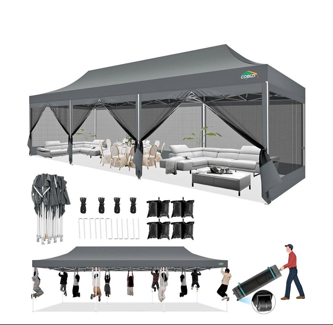 COBIZI 10x30 Canopy Tent, Heavy Duty Pop up Canopy with Sidewalls, Waterproof Easy Setup Canopy with Mosquito Netting, Outdoor I