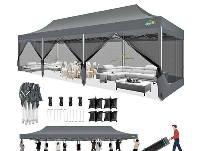 COBIZI 10x30 Canopy Tent, Heavy Duty Pop up Canopy with Sidewalls, Waterproof Easy Setup Canopy with Mosquito Netting, Outdoor I