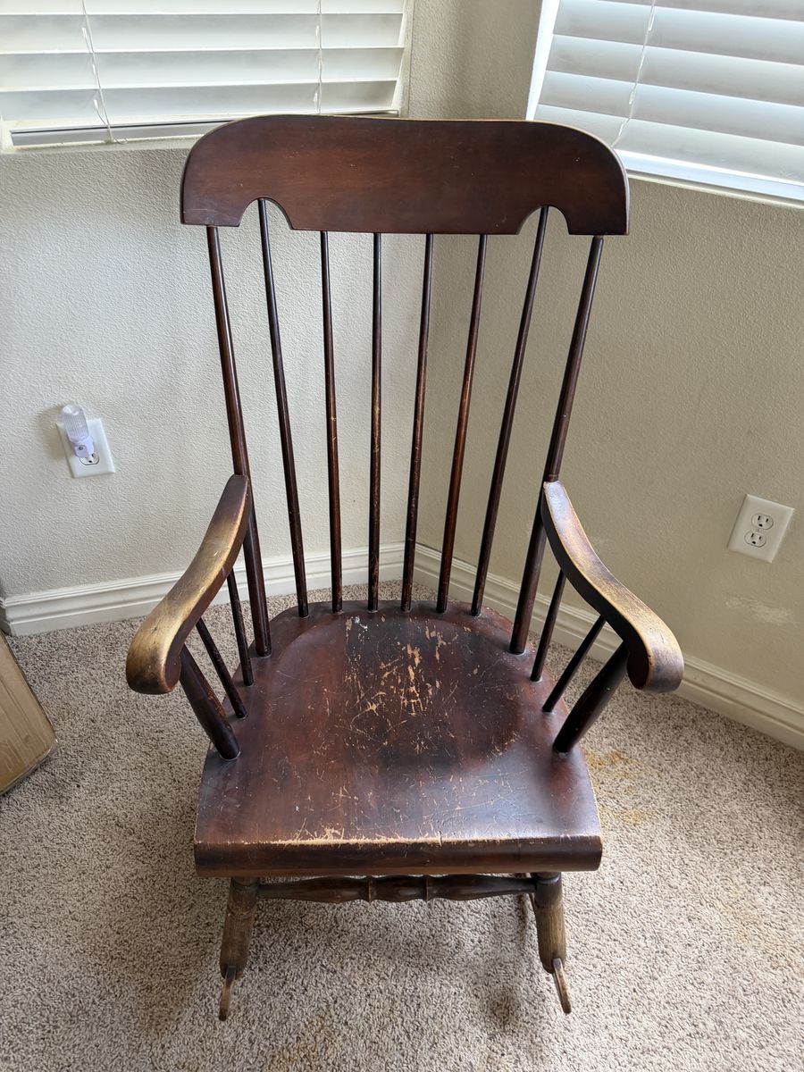 Vintage Well Loved and Used Wooden Spindle Back Rocking Chair - Dark Wood Finish, Distressed
