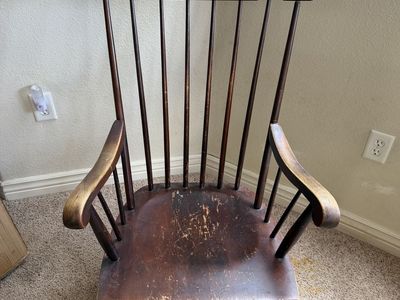 Vintage Well Loved and Used Wooden Spindle Back Rocking Chair - Dark Wood Finish, Distressed