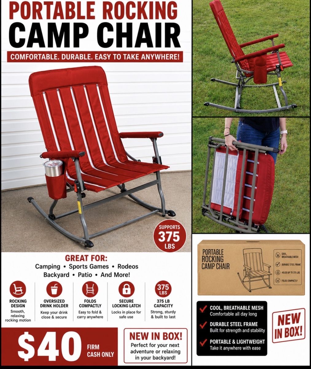 Portable Rocking Camp Chair - Red, Oversized Drink Holder, Folds Compactly, 375lb Capacity