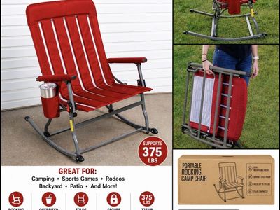 Portable Rocking Camp Chair - Red, Oversized Drink Holder, Folds Compactly, 375lb Capacity