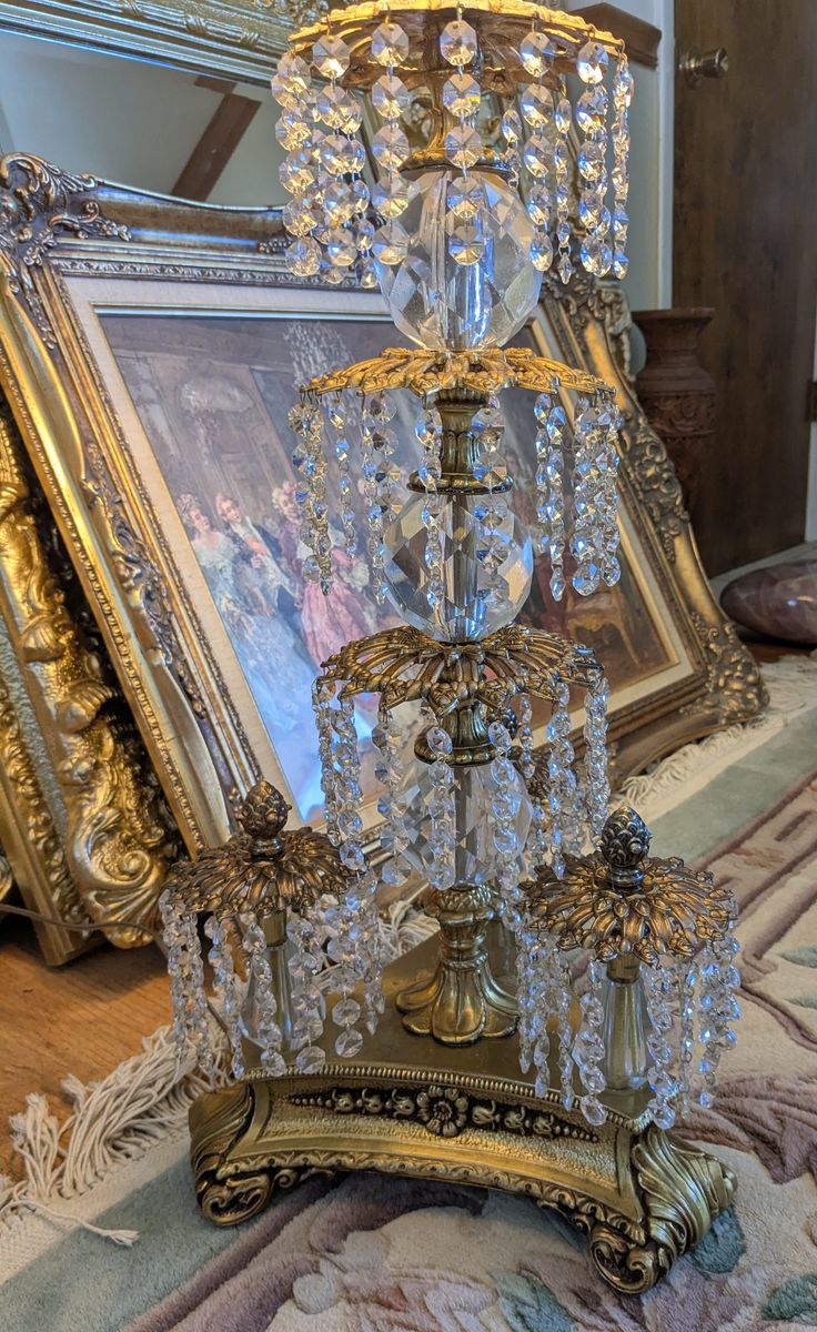 Loevsky & Loevsky Hollywood Regency Antique 40" Brass and Crystal Waterfall Table lamp