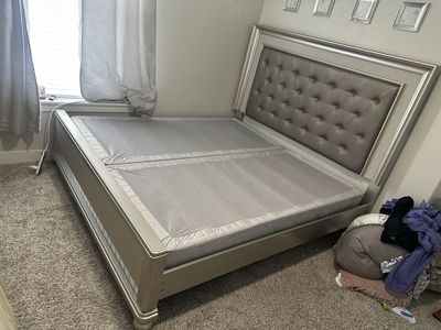 King Tufted headboard bed frame, silver/champagne color with two box spring & 3 drawers small dresser