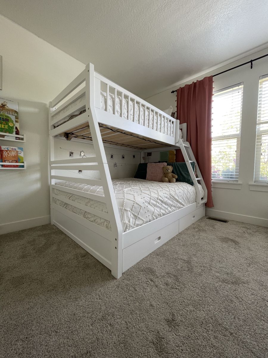 White Wood Bunk Bed Twin Over Full with Storage Drawers
