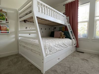 White Wood Bunk Bed Twin Over Full with Storage Drawers