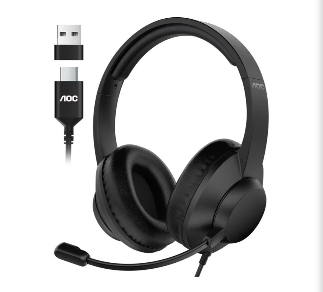 AOC USB Headset with Microphone for PC, Over-Ear Wired Headphones with Mic, Noise-Cancelling Boom, 40mm Audio Drivers, USB-A/C C