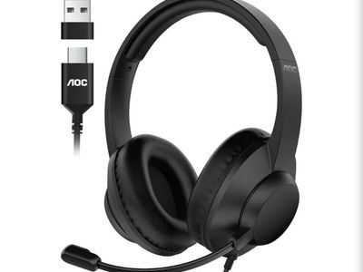 AOC USB Headset with Microphone for PC, Over-Ear Wired Headphones with Mic, Noise-Cancelling Boom, 40mm Audio Drivers, USB-A/C C