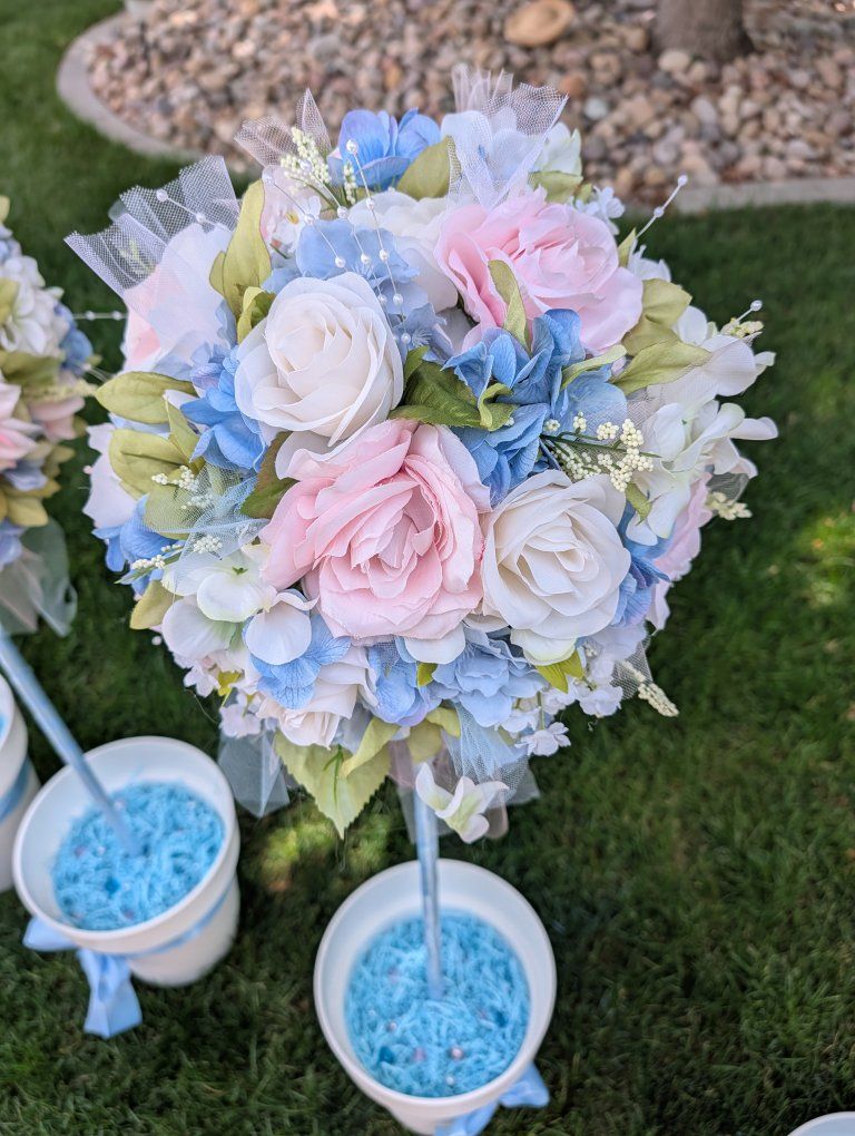 Set of 4 Floral Topiary Centerpieces Pink Blue Wedding or Baby Shower Decor