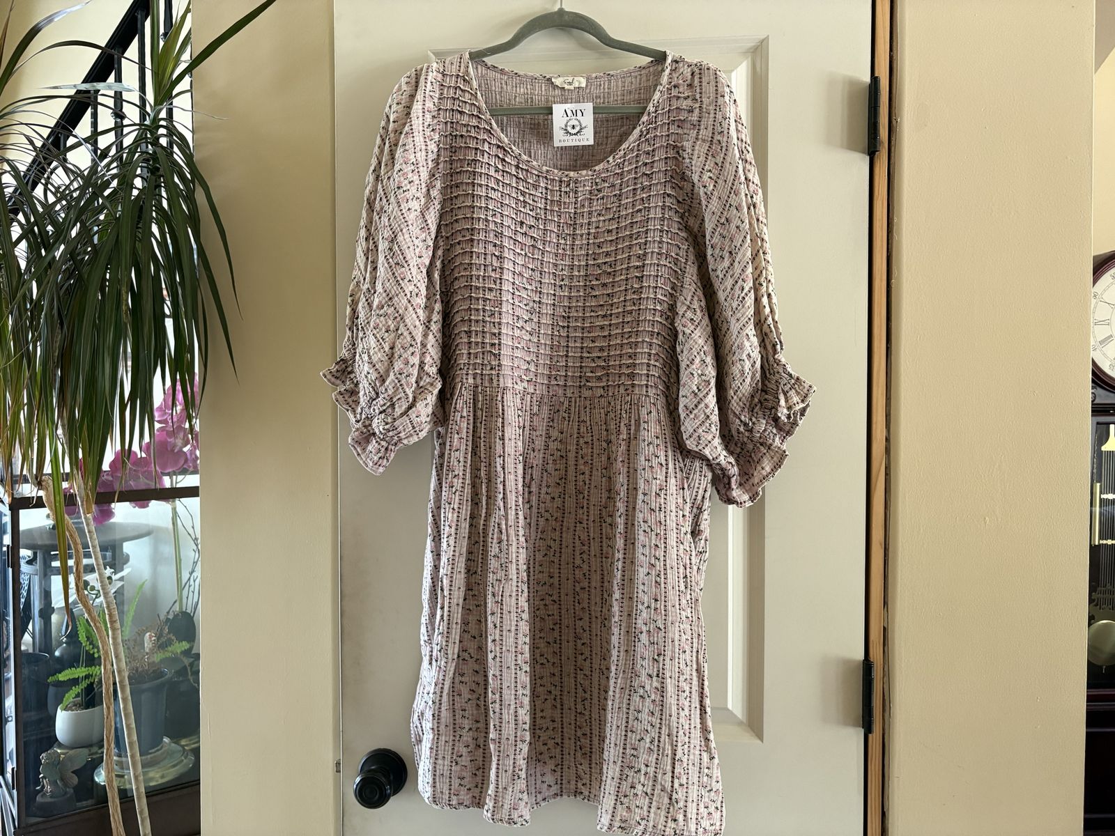New Pink Smocked Midi Dress Puffy Sleeves Sz L
