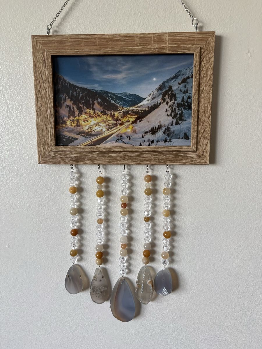 Handmade Mountain Landscape Photo Hanging Decor with Crystal Beads & Agate Slices