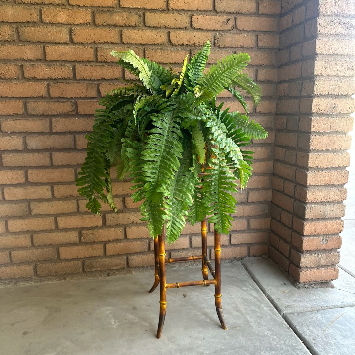 Planter Faux Boston Fern in Gold Planter on Bamboo Stand