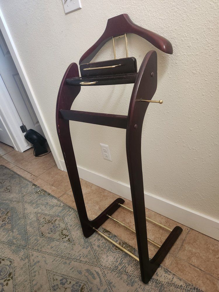 Vintage Wooden Valet Stand Suit Rack with Accessory Tray