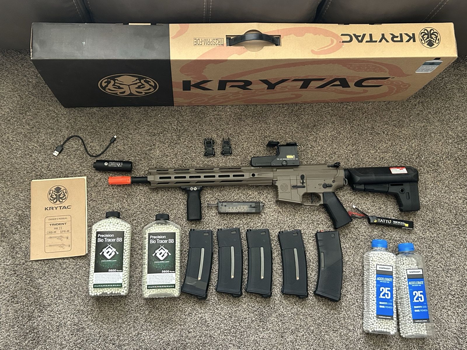 Airsoft Trident MK2 SPR-M Tan | With 5 Mags, Holo Sight, Vertical Grip, Tracer Lighter, BBs, 3 Cell LIPO, BB Loader, and Vest