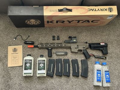 Airsoft Trident MK2 SPR-M Tan | With 5 Mags, Holo Sight, Vertical Grip, Tracer Lighter, BBs, 3 Cell LIPO, BB Loader, and Vest