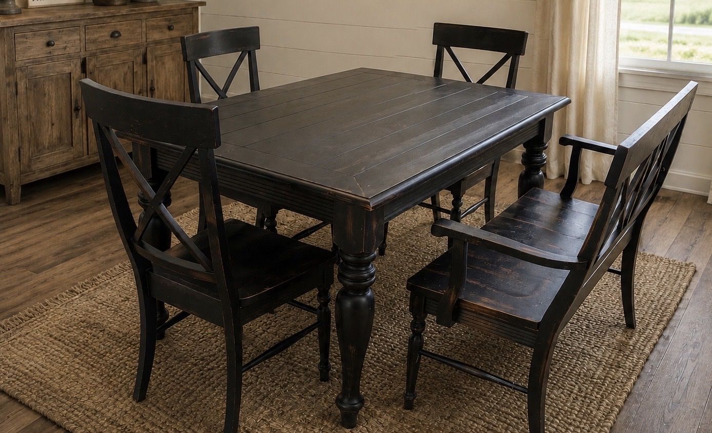 Rustic Black Solid Wood Dining Table, 3 Chairs And Bench Farmhouse Style