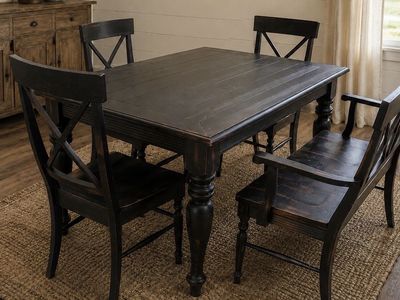Rustic Black Solid Wood Dining Table, 3 Chairs And Bench Farmhouse Style