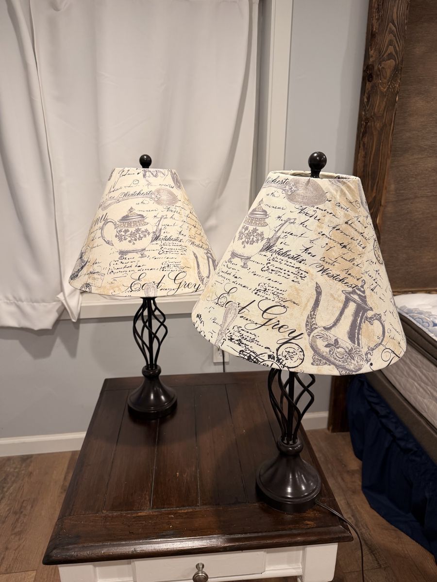 Pair of Table Lamps with French Country Teapot Print Shades and Twisted Metal Bases