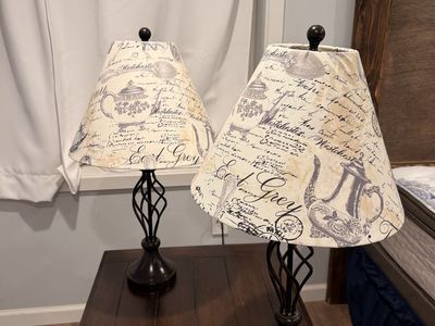 Pair of Table Lamps with French Country Teapot Print Shades and Twisted Metal Bases