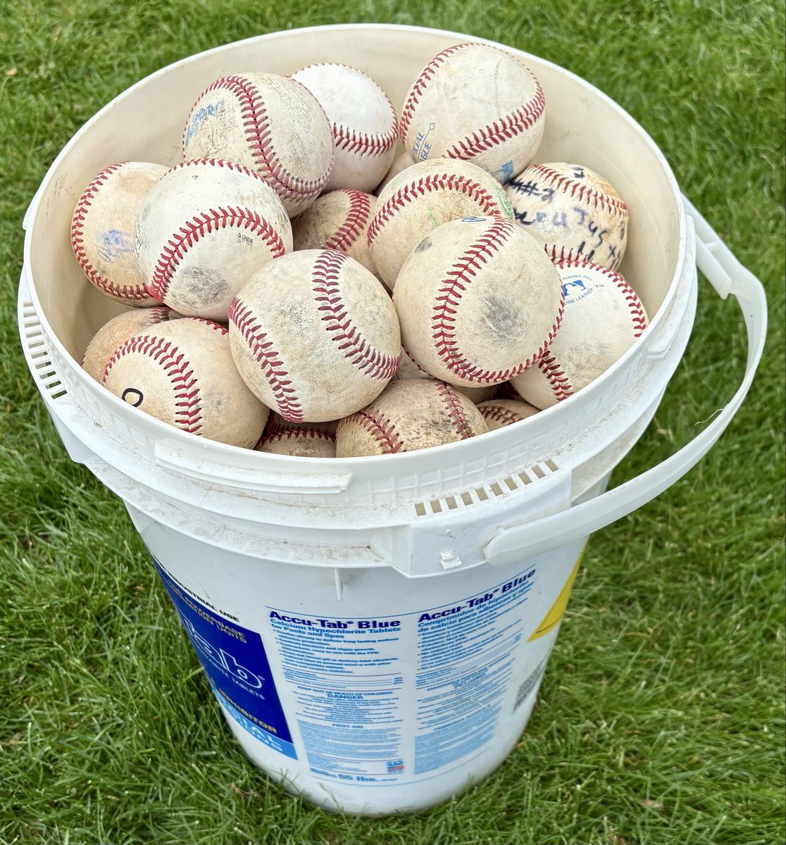 Bucket of leather baseballs