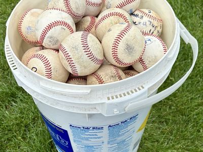 Bucket of leather baseballs