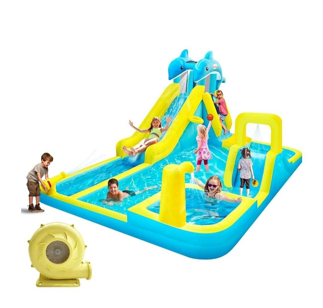 Inflatable Water Slide, Dolphin Bounce House for Kids, Water Bounce Slides, 550W Blower,Climbing Wall,Deep Pool,Water Cannon, fo