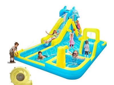 Inflatable Water Slide, Dolphin Bounce House for Kids, Water Bounce Slides, 550W Blower,Climbing Wall,Deep Pool,Water Cannon, fo