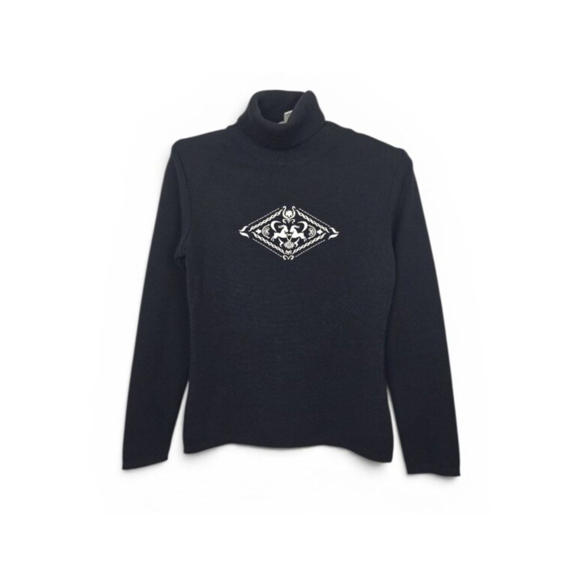 Vintage Bogner Virgin Wool Embroidered Ski Sweater Turtleneck Black Cream Small
