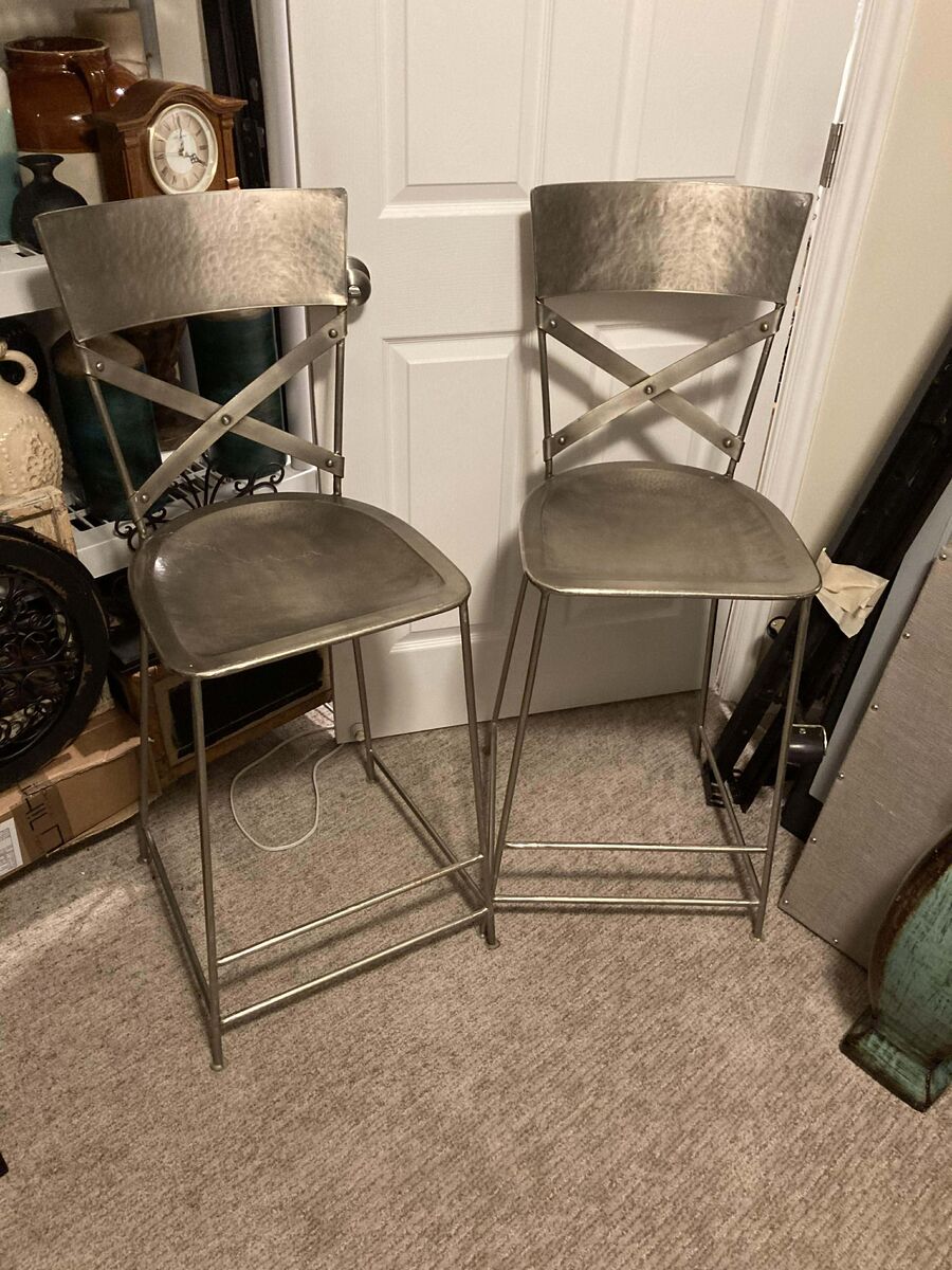 Spectacular Pair Of Vintage RENAISSANCE HOME Nickel Finish Iron Counter height Barstools!!