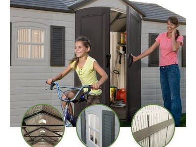 Lifetime 6446 8x15 ft Outdoor Storage Shed - Desert Sand, Steel Reinforced, UV Protected, Weather Resistant