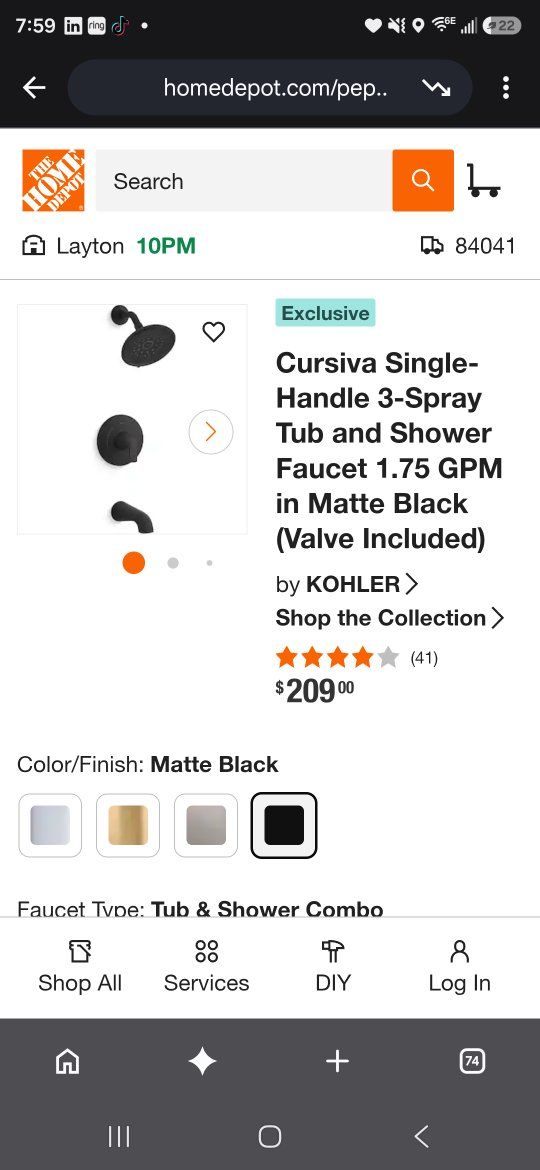 Kohler Cursiva Single-Handle 3-Spray Tub and Shower Faucet in Matte Black