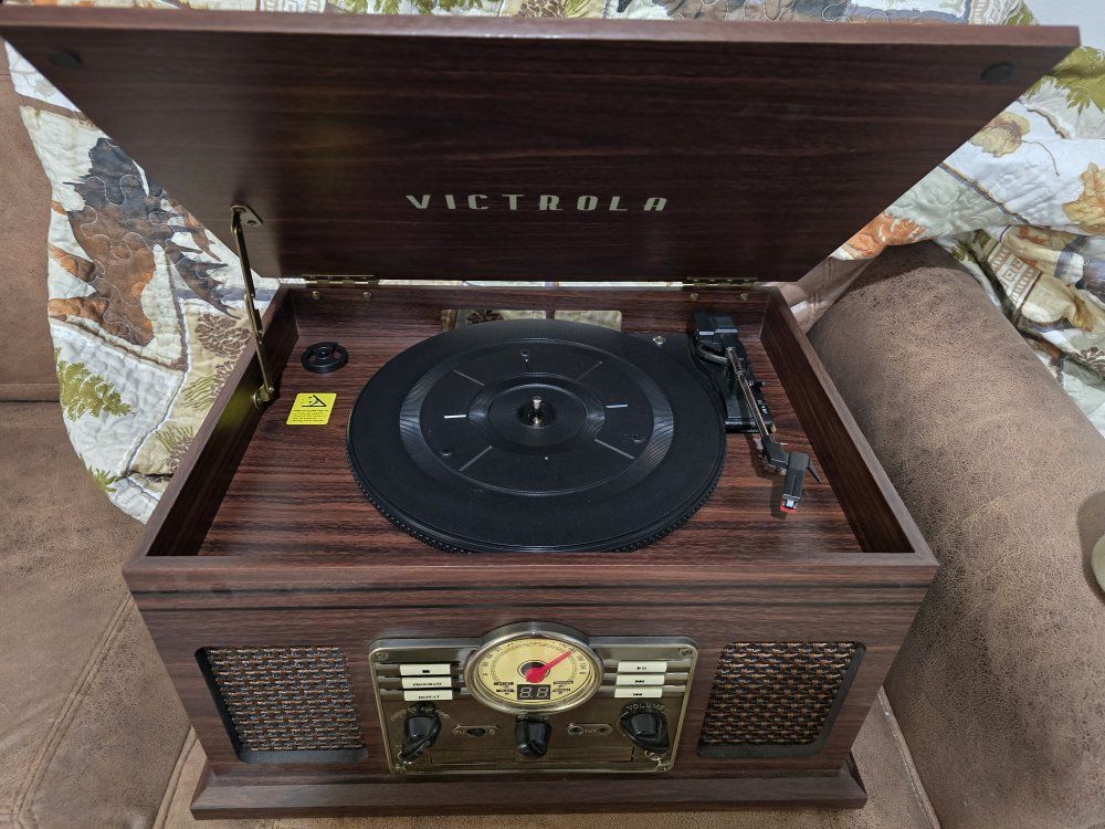 Victrola Vintage-Style Wooden Turntable with CD Player and Radio