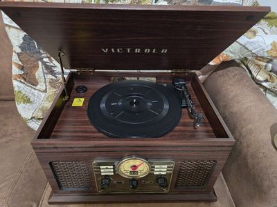 Victrola Vintage-Style Wooden Turntable with CD Player and Radio