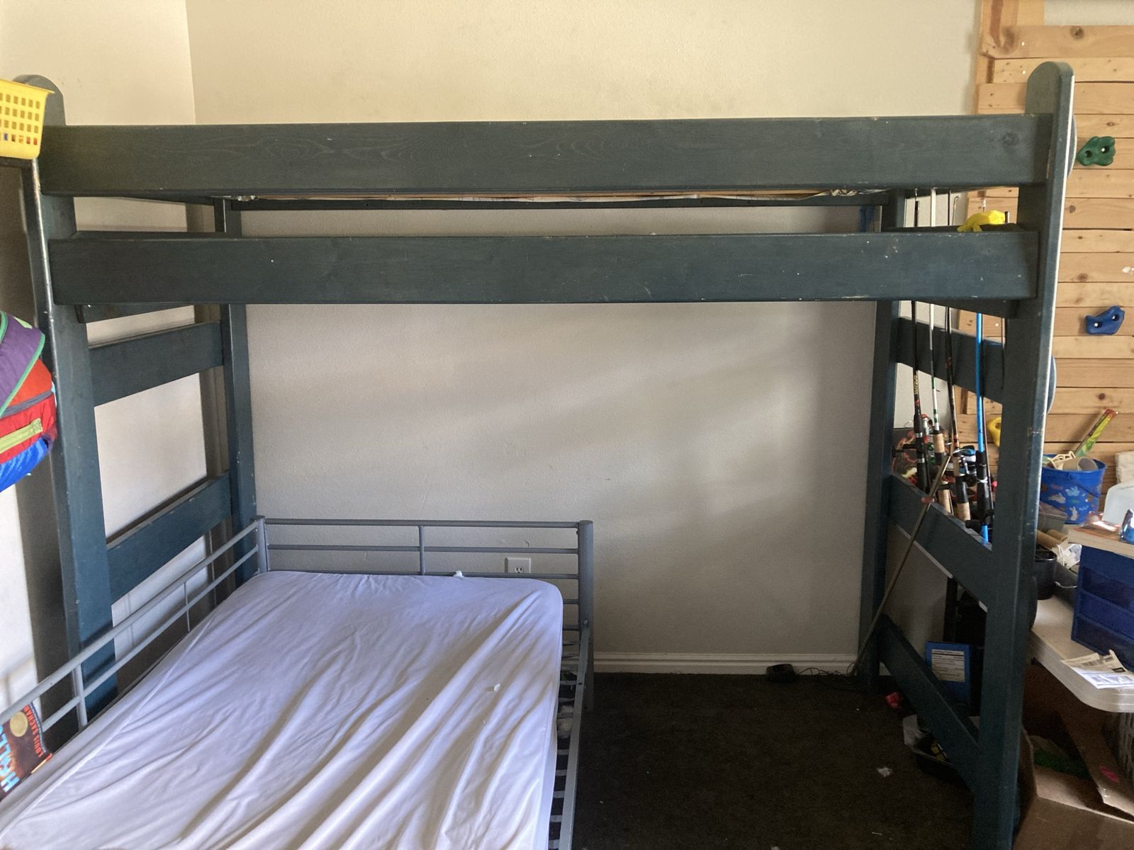 Sturdy Blue Wooden Loft Bed Frame and mattress - Space-Saving Design, Twin