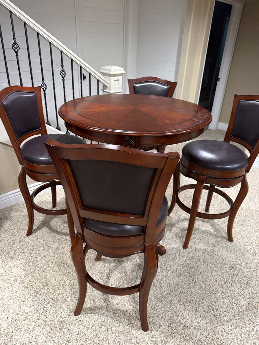 Cherry Wood Round Bar Height Table & 4 Swivel Stools - 42" Table, 30" Seat Height