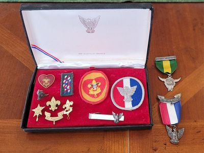 Lot of 13 Pieces Vintage Boy Scouts of America Memorabilia Pins Patches Badges Box Signed Sterling