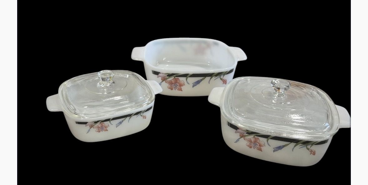 Dynasty Glass Ware Vintage Floral Milk Glass Casserole Dishes Set of 3 with Lids