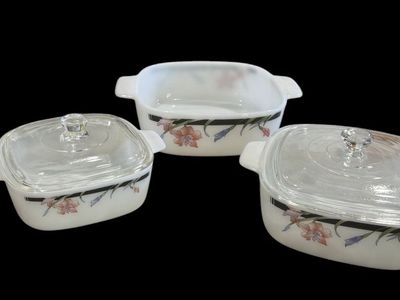 Dynasty Glass Ware Vintage Floral Milk Glass Casserole Dishes Set of 3 with Lids