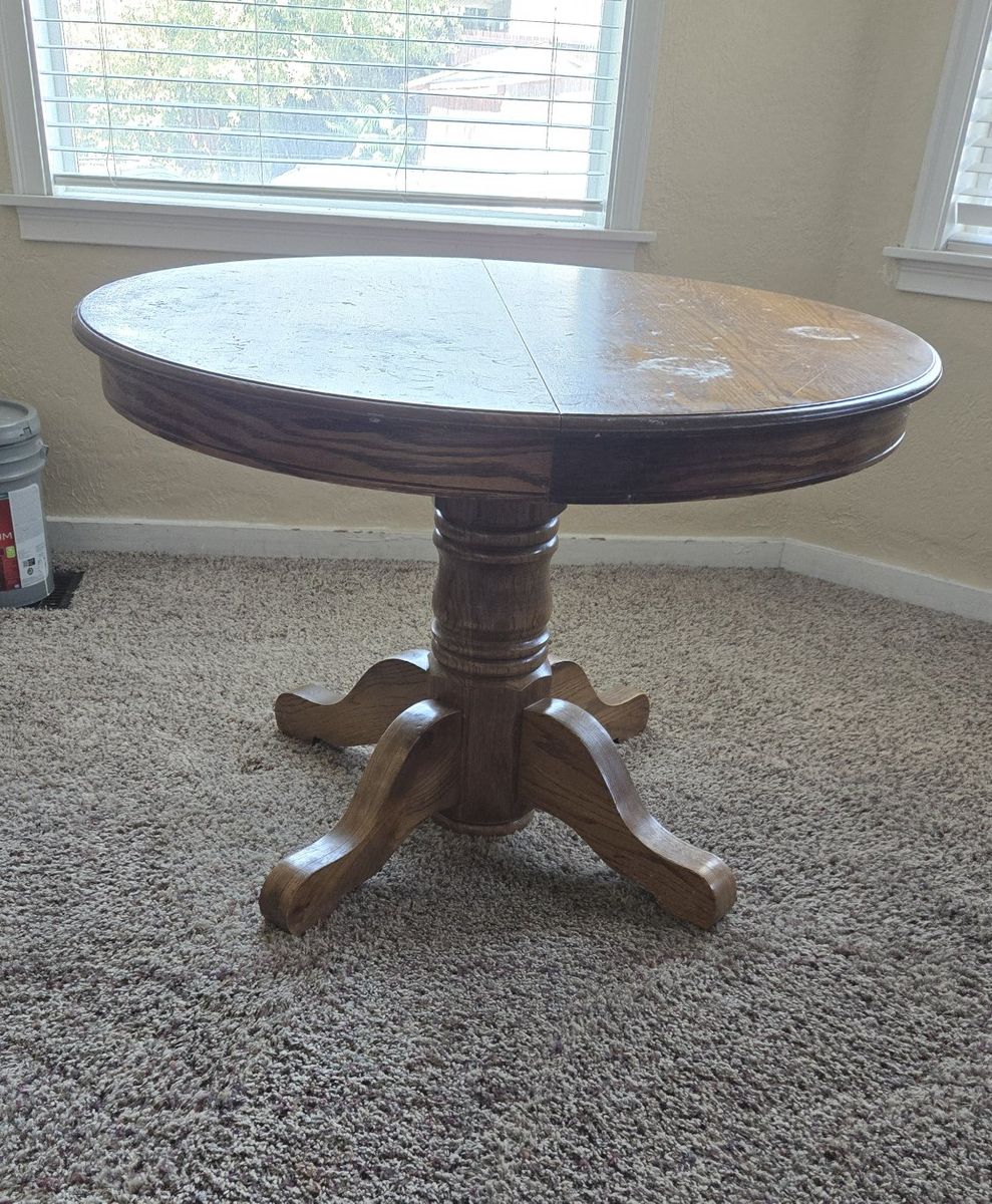 Vintage Oak Pedestal Dining Table with Removable Leaf