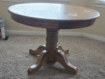 Vintage Oak Pedestal Dining Table with Removable Leaf