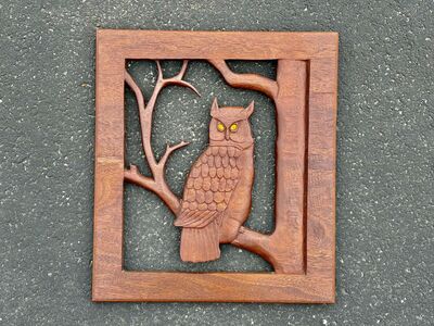 Beautiful, vintage Mid Century Modern, hand carved wooden owl wall hanging MCM art, folk art, carving