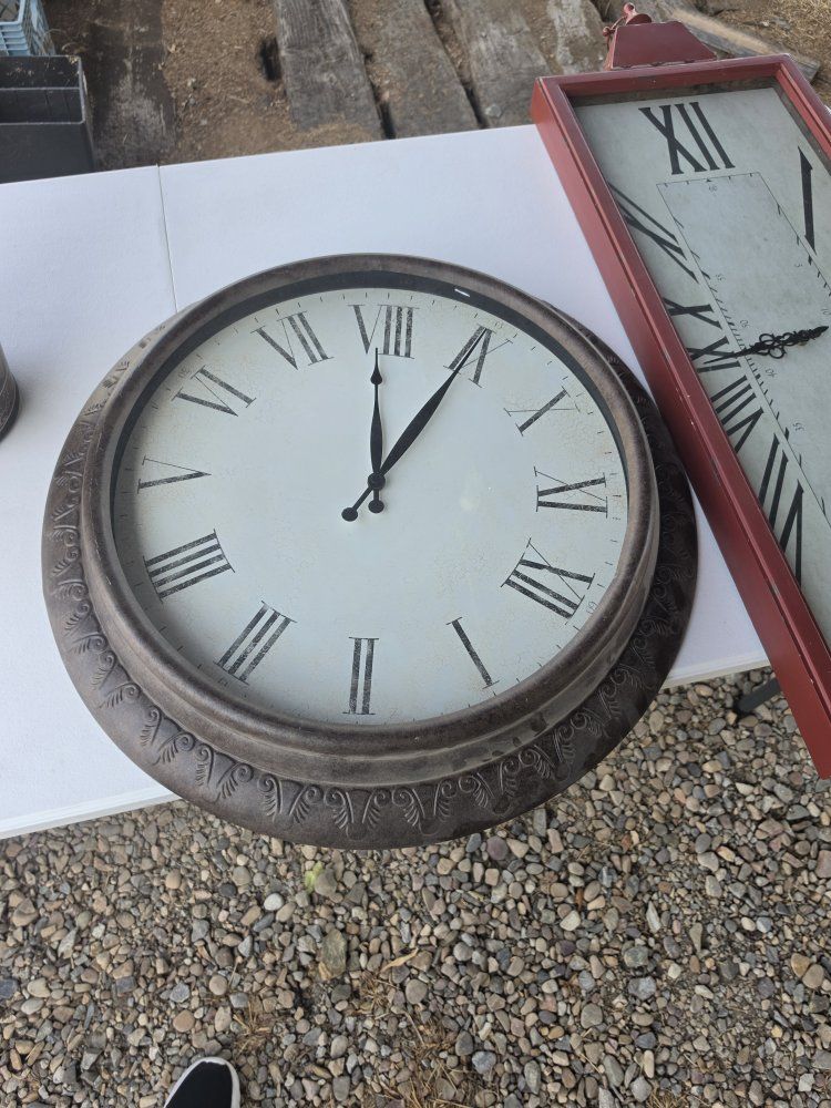 Large Round Wall Clock with Roman Numerals and Distressed Frame