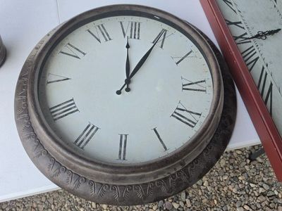Large Round Wall Clock with Roman Numerals and Distressed Frame
