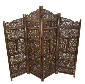 New - MayKoosh Hand Carved Foldable Wooden 4-Way Room Divider, Brown
