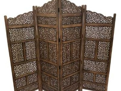 New - MayKoosh Hand Carved Foldable Wooden 4-Way Room Divider, Brown
