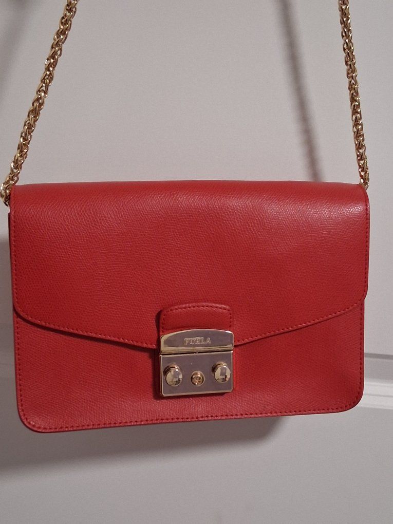 Red Furla Leather Shoulder Bag with Gold Chain Strap - Made in Italy