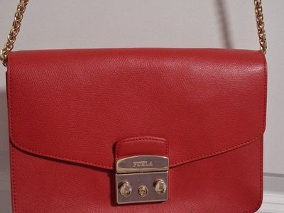 Red Furla Leather Shoulder Bag with Gold Chain Strap - Made in Italy