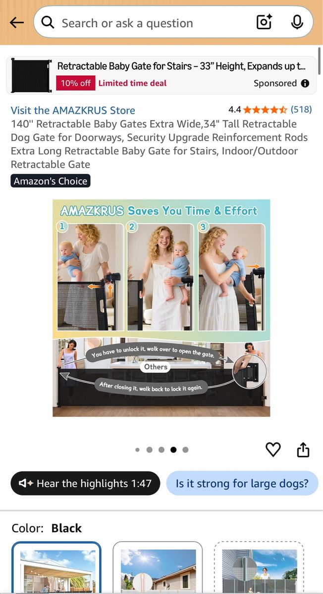 AMAZKRUS Ret retractable baby gate, 34" tall x 140" wide, lightly used