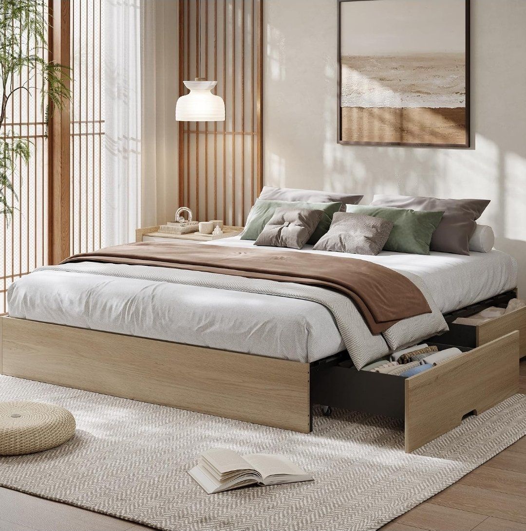 king size Wooden Platform Bed Frame with Large Rolling Storage Drawers