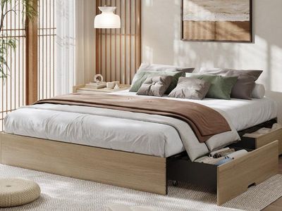 king size Wooden Platform Bed Frame with Large Rolling Storage Drawers